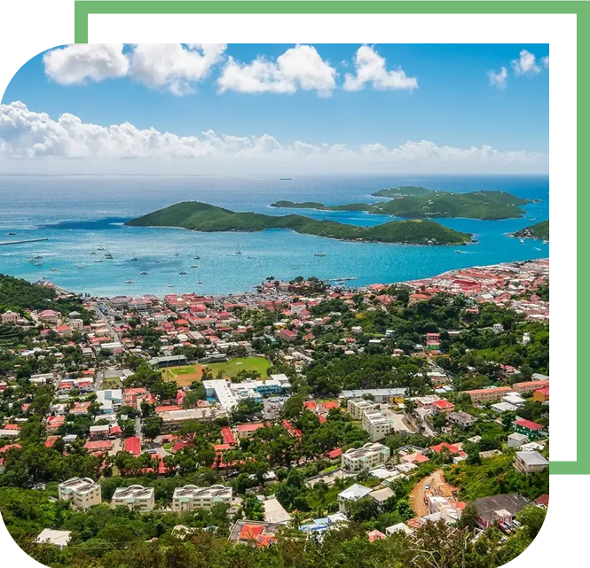 A view of the ocean and city from above.